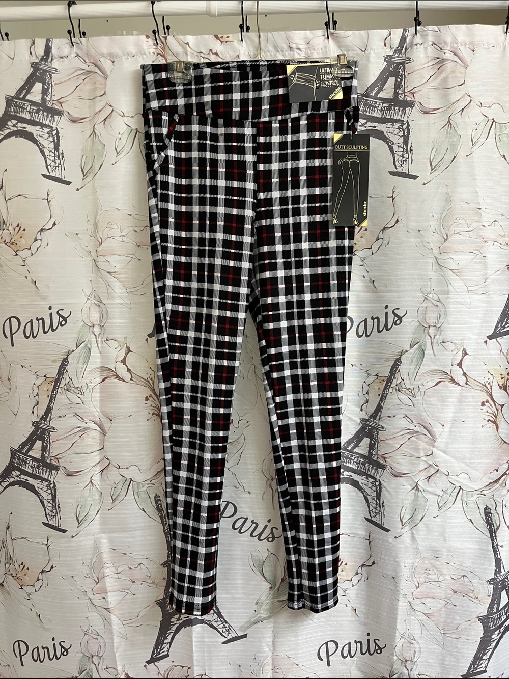 Shosho Black White Plaid Leggings with Red Accents